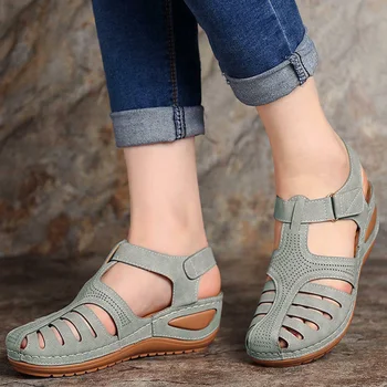 

Woman 2020 Summer Leather Vintage Sandals Ladies Casual Sewing Women Retro Sandalias Female Hook Loop Platform Shoes 36-46