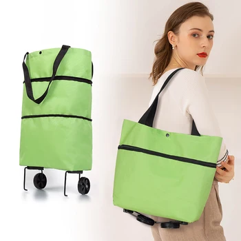 

Fold Shopping Pull Cart Trolley Bag With Wheels Foldable Eco-Friendly Hands-Free Bag For Out Shopping Grocery Food Organizer Bag