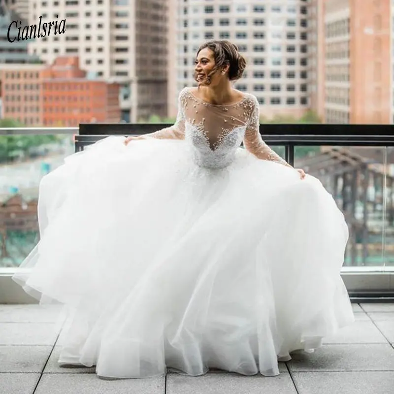 Romantische Backless Lange Hulse Ballkleid Hochzeit Kleid Boot Ausschnitt Illusion Friesen Perlen Dubai Arabisch Braut Hochzeit Kleider
