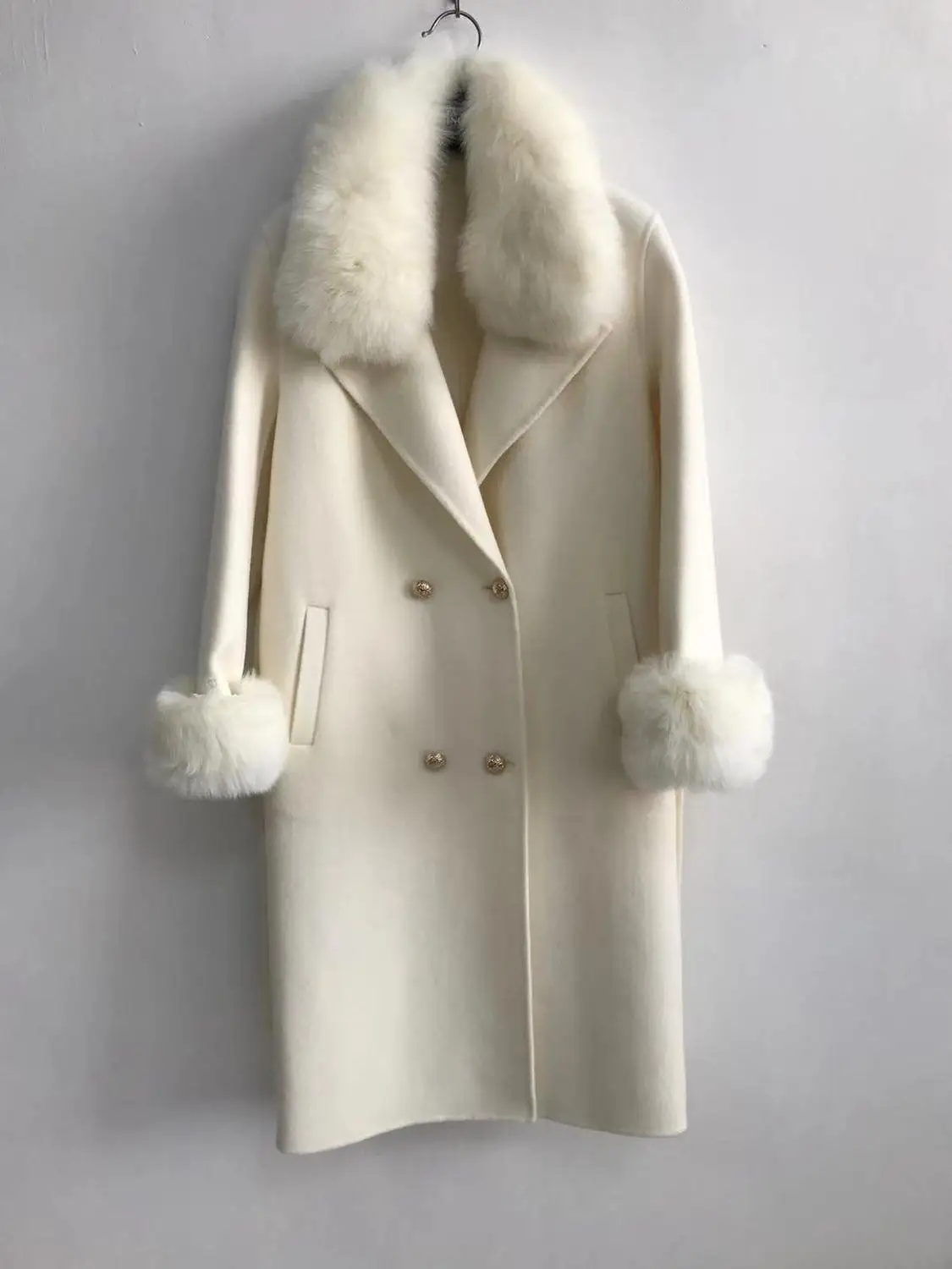 QIUCHEN PJ19100 Новое поступление Высококачественная кашемировая Женская куртка с воротником из натурального Лисьего меха и манжетами модная модель - Цвет: white