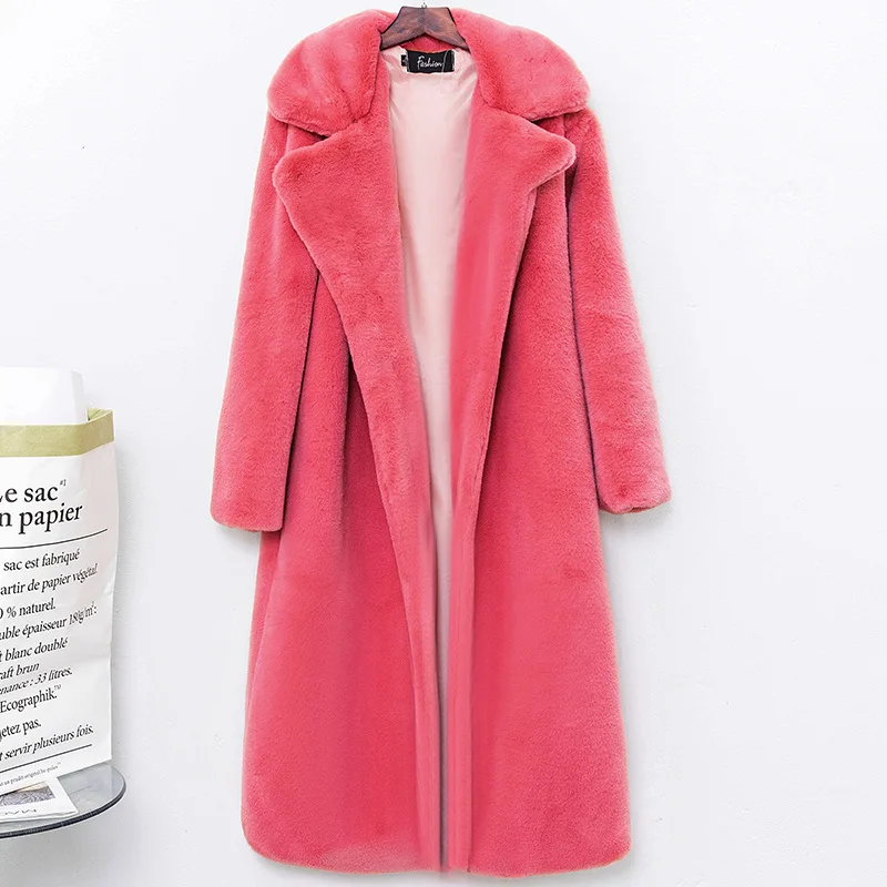 Осень зима искусственный кроличий мех толстый теплый мех розовый женский английский стиль полный отложной воротник х-длинная куртка Модные пальто