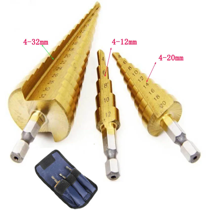

3pc Hss step drill bit set cone hole cutter Taper metric 4 - 12 / 20 / 32mm 1 / 4 "titanium coated metal hex core drill bits