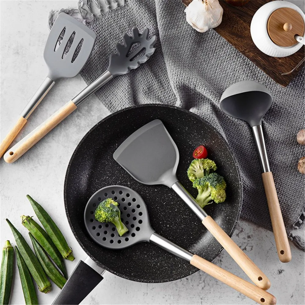 6Pcs Non-stick Kitchen Tools Silicone Wood Handle Kitchen Cooking Tool Kitchen Utensil Set Cooking Spoon Shovel Set