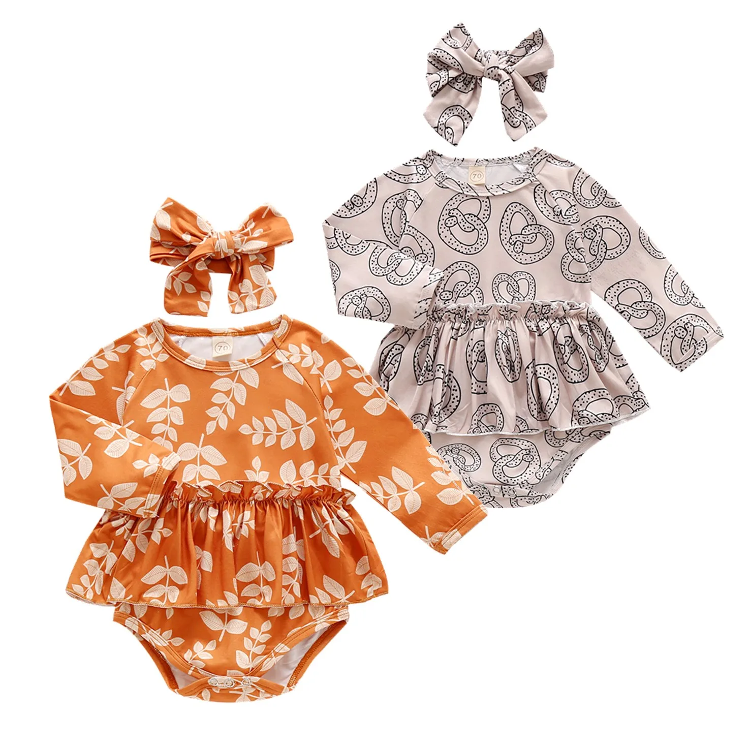 

2020 New Fall Autumn Infant Baby Girls 2Pcs Set Lovely Dress-Style Leaf/Brezel Print Long Sleeve Bodysuit+Headband Clothes
