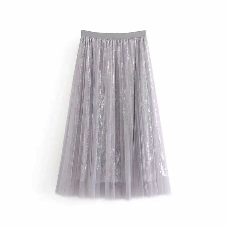 

C5717-6620 Spring And Summer New Style 2019 Elegant England Double Color High-waisted Sequin Mid-length Pleated Skirt