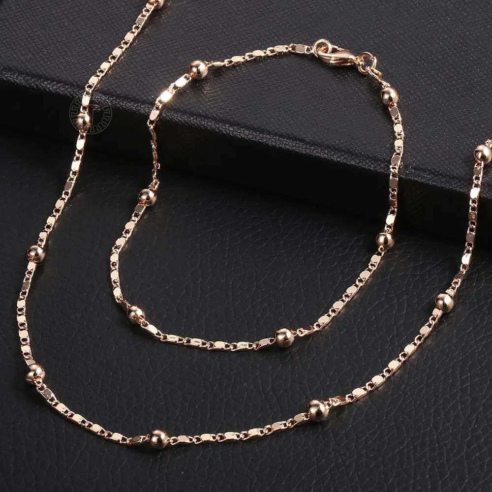 Jewelry sets Jewelry set Chain necklace 585 Rose Gold Color Necklace Bracelet for Women 2mm Marina Stick Bead Link Chain Jewelry Sets Wedding Party Jewelry Gifts LCS09