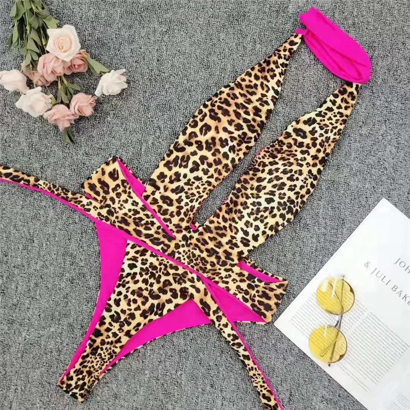 Bikini One Piece 2020 mujer New Sexy Leopard Swimsuit Women Deep V Brazilian Swimwear Bandage Bathing Suits Bathers | Спорт и