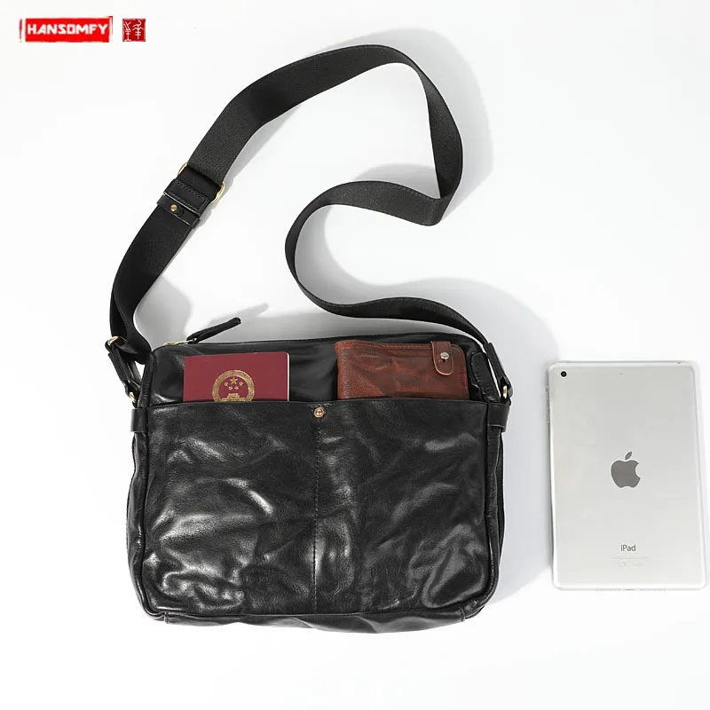 

2019 new men's bag leather shoulder bag men casual retro pleated soft leather Messenger bag male large capacity crossbody bags