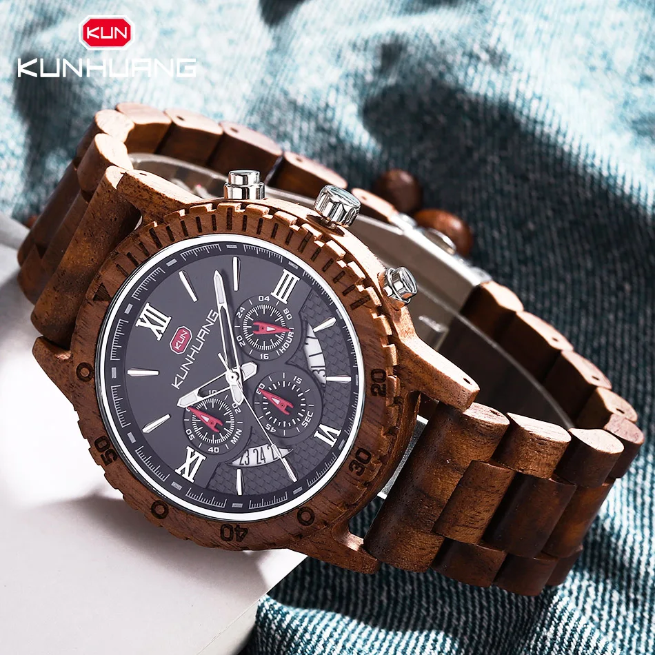 

Casual Men's Wooden Watches Top Brand Luxury Military Quartz Watch Original Wood Chronograph Complete Calendar Watch