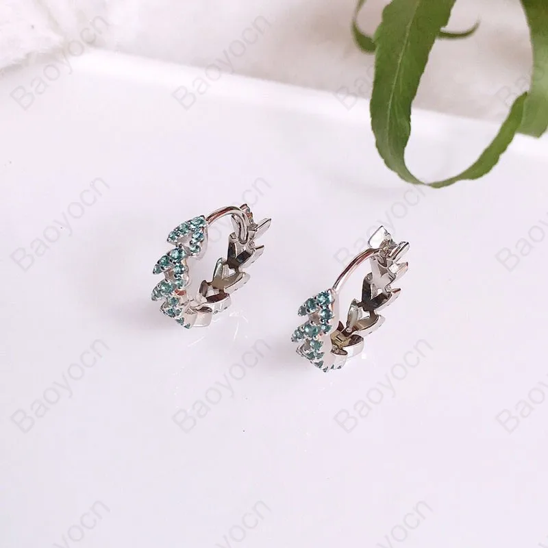 

High Quality Real 925 Sterling Silver Heart Shap Wheat Ears Small Hoop Earrings Cubic Zirconia Women Luxury Brand Jewelry