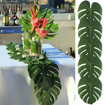

12pcs Artificial Palm Leaves Table Runner For Wedding Hawaiian Theme Party Supplies Table Decoration Summer Party Supplies