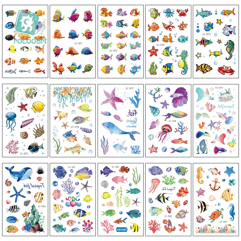 Rocooart 15Pcs Tattoo Sticker Cartoon Tatuajes Temporary Kids Fake Tatoo Taty Tropical Fish Design Body Art Tatouage 150pcs 9 5 14 5cm temporary tattoo sticker tatuajes temporales татуировки временные waterproof body stickers tatouage temporaire