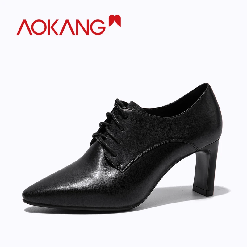 

AOKANG Ankle Boots For Women Lace up Black Color Female Pumps shoes Insole Classic Style pointed toe sexy high heel Women bootie