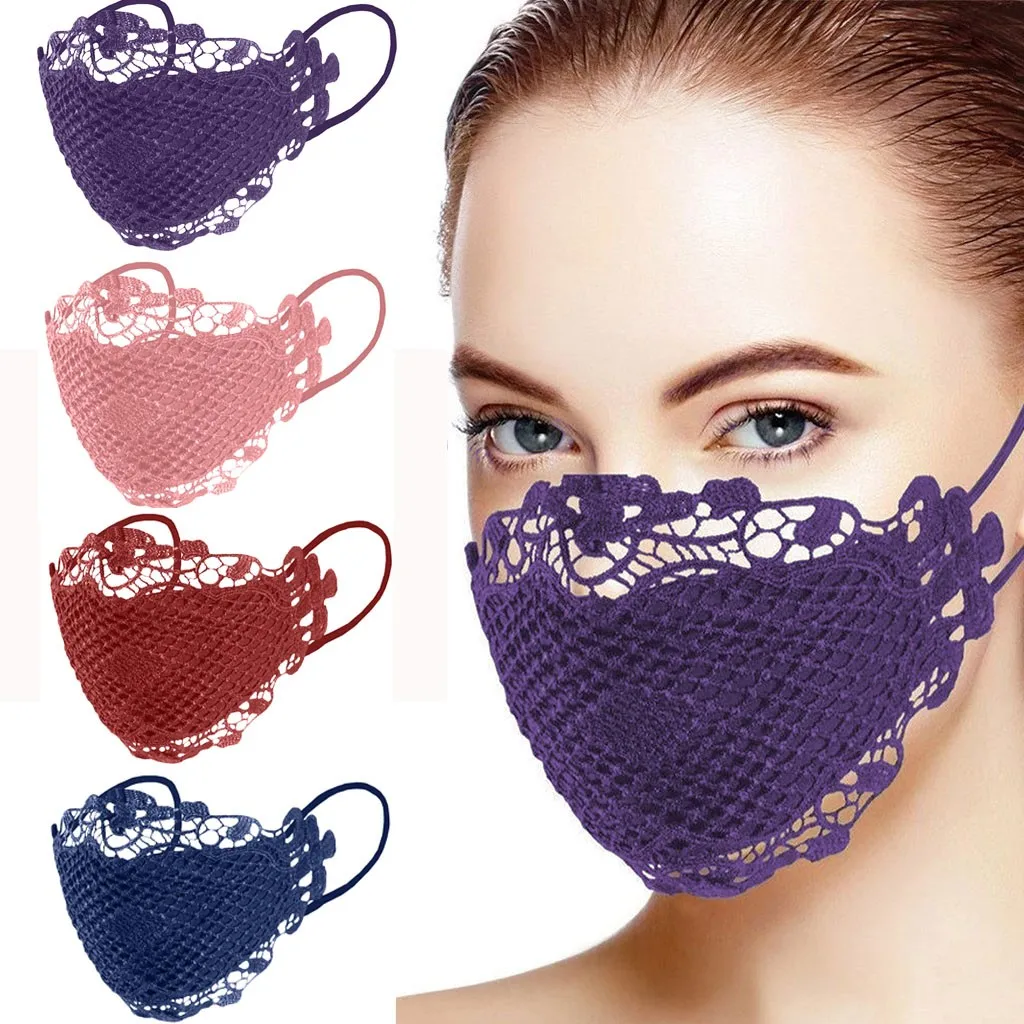 Mascarilla reutilizable de poliéster para adultos, máscara lavable con Apliques de encaje delicado, transpirable, 1 unidad