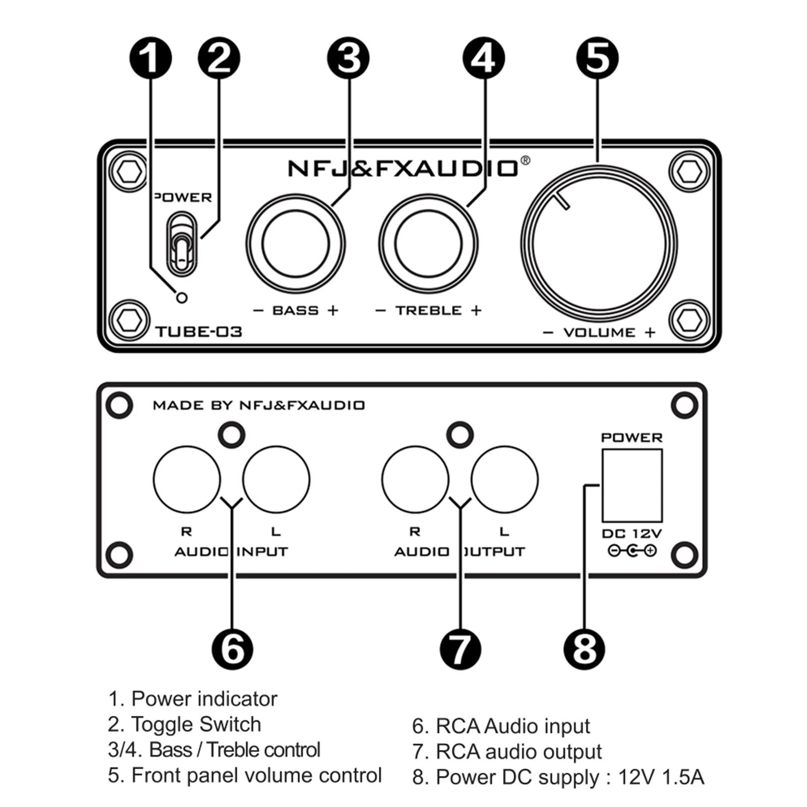 FX-AUDIO TUBE-03 HiFi Audio Preamplifier 6K4 Vacuum Tube Amplifier Buffer Treble Bass Adjustment RCA Preamp for PC Phones DVD 5 channel amp