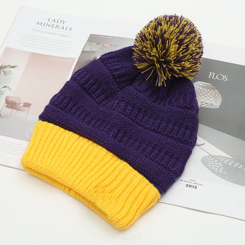 Брендовые зимние вязаные шапки женские толстые теплые шапочки с помпоном шапка женские вязаные Лоскутные шапочки уличные шлем - Цвет: purple