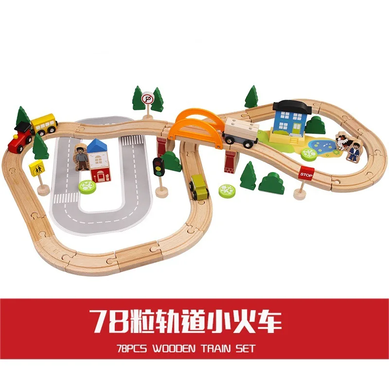Wood 78 Pieces Small Train Camera Track Car Toy Children DIY Assembled Building Blocks City Traffic Camera Track Scene