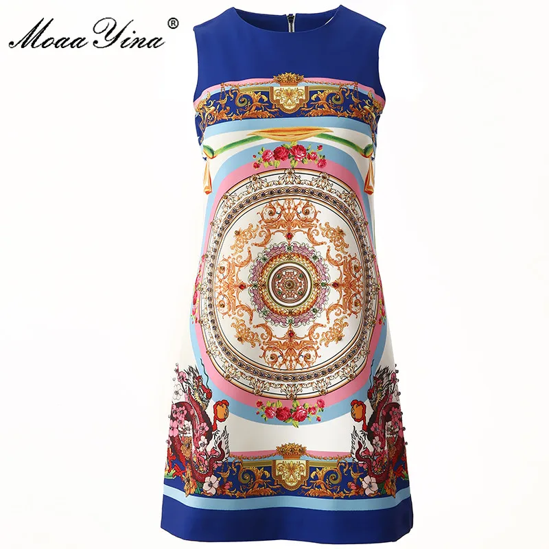 

MoaaYina Fashion Designer Runway dress Summer Women's Dress Sleeveless Beading Floral-Print Vintage Dresses