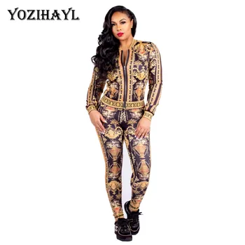 

Women Two Piece Sets Tracksuit Long Sleeve O-neck Zipper Tops and Ankle-Length Pants 2 Pcs Outfits Female Print Sportswear