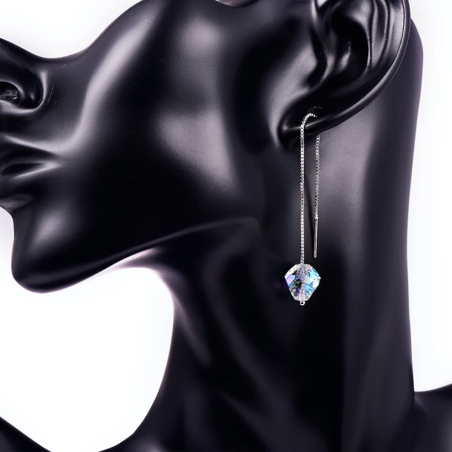 Серьги-капли с кристаллами Swarovski, спираль, бусины для женщин, модная Серебряная цепочка, пирсинг, висячие серьги, свадебные ювелирные изделия, подарок