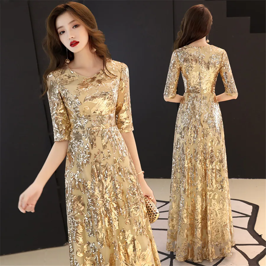 It's Yiiya Evening Dresses Long Half Sleeve Gold Sequins Formal Dress For Girls O-neck Plus Size robe de soiree E1402