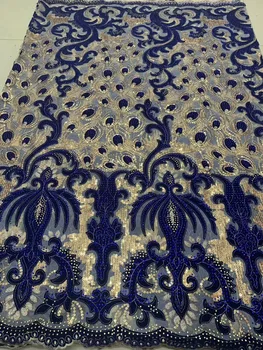 

2020 Newest Royal Blue French Mesh and Velvet Fabric High Quality Tulle African Lace Fabric Nigeria Wedding H39481