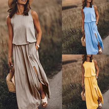 

Women's Boho Loose Split Maxi Dresses Sleeveless Elastic Waist Long Dress Female 2020 Spring Summer Lady Beach Dresses Plus Size