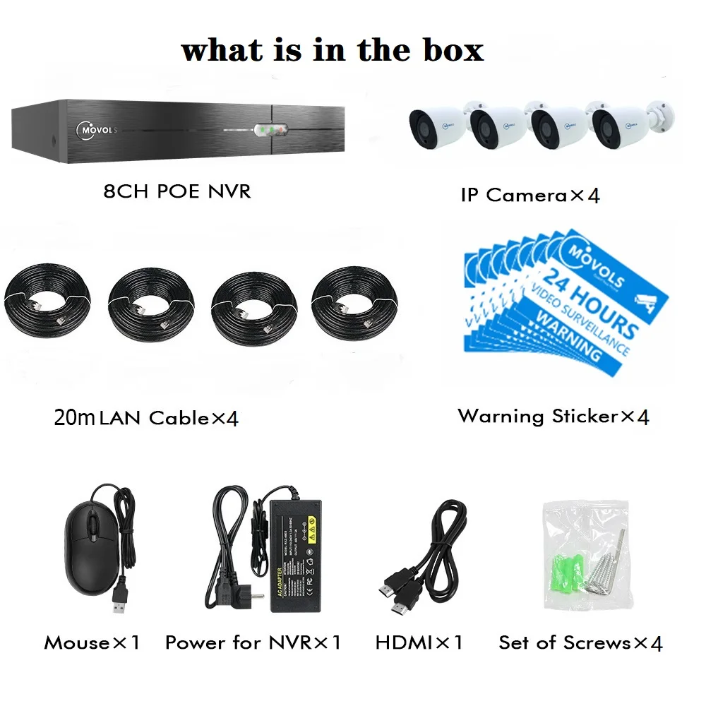 Movols 4CH 1080P POE NVR комплект H.265 камера безопасности Система 2.0MP ИК Крытый Открытый CCTV 4 шт. POE IP камера комплект видеонаблюдения