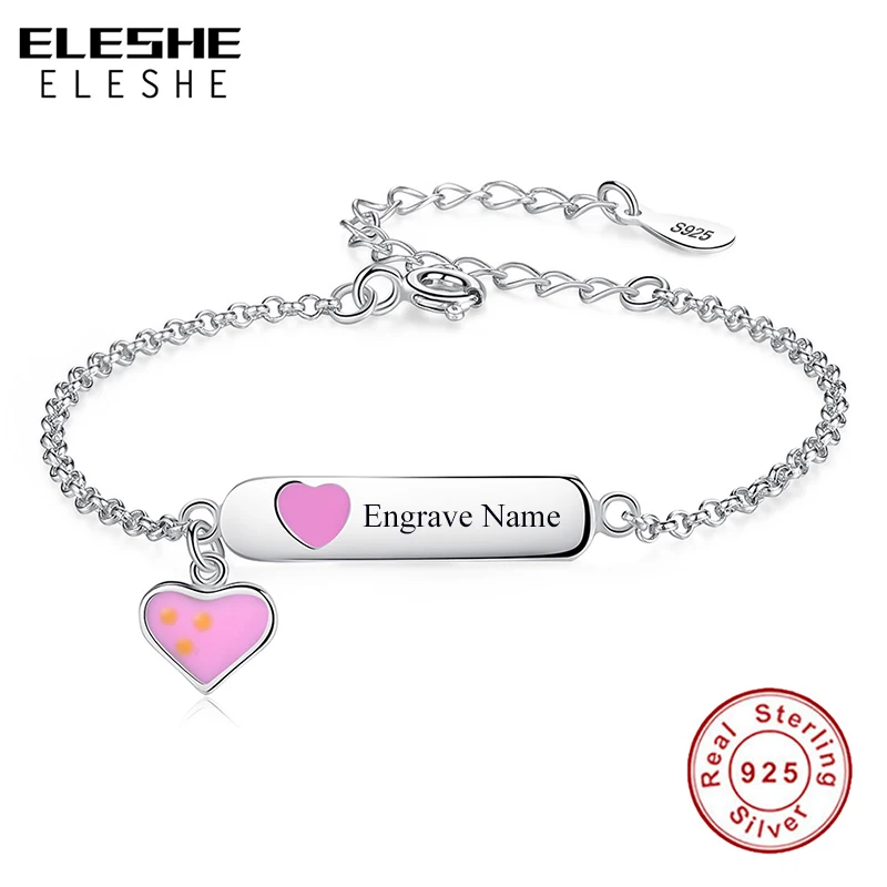 Браслет ELESHE из стерлингового серебра 925 пробы с розовым сердечком, регулируемый Ювелирный модный выгравированное имя, браслет для маленьких девочек, подарок для детей с памятью