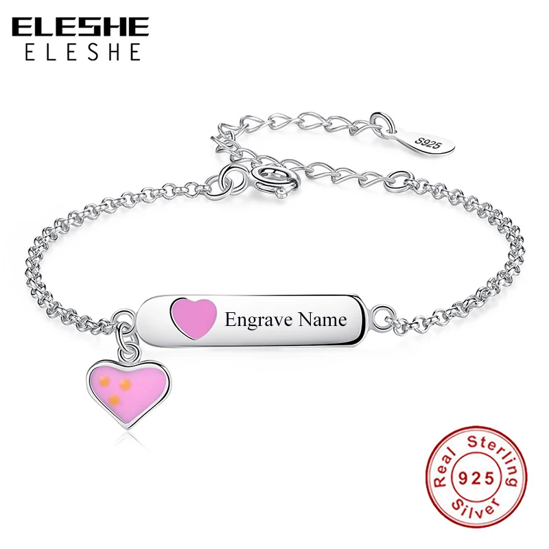 

ELESHE 925 Sterling Silver Pink Heart Bracelet Adjustable Jewelry Fashion Engraved Name Bracelet For Baby Girls Kids Memory Gift