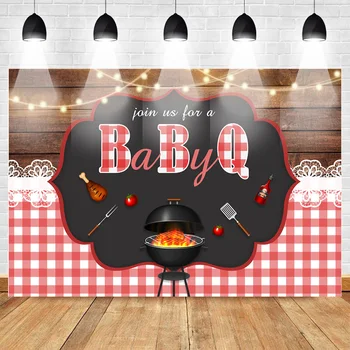 

Neoback BBQ Wood Floor Photo Background Baby Shower Cake Table Banner Decoration Backdrop Barbecue Party Backdrop for Booth
