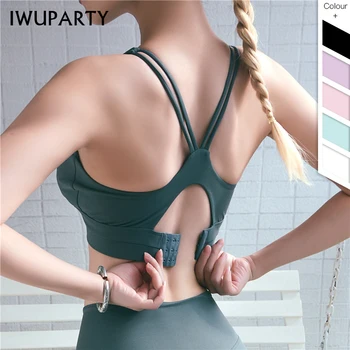 

IWUPARTY Push Up Padded Gym Fitness Bras Backcross Crop Tops Women Plain Soft Nylon Joga Workout Sports Bras with Removable Pads