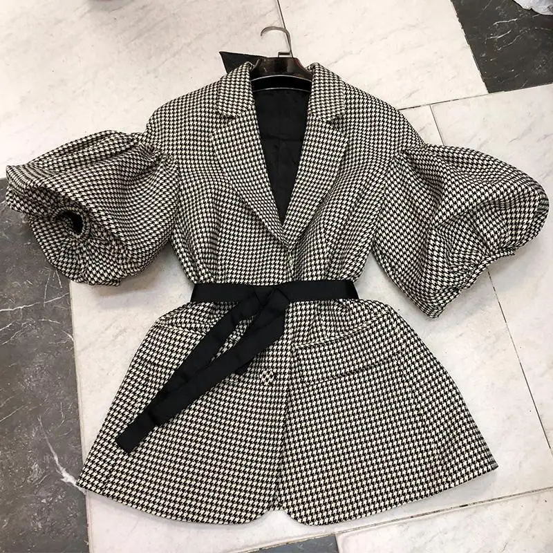 GetSpring Women Blazer Single Breasted Puff Sleeve Plaid Ladies Blazer Coat Retro Lace Up Women's Slim Suit Jacket Autumn - Цвет: plaid