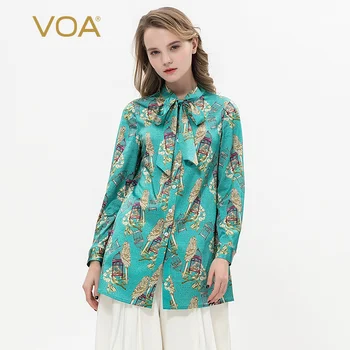 

VOA Canary Printed Satin Silk Bow Single Row Buckle Long Sleeve Ribbon Slightly Elastic Loose Medium Long Shirt Woman B1015