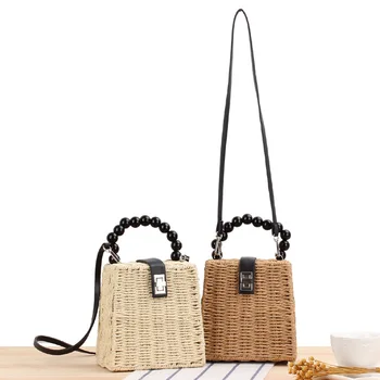 

Fashion Wooden Beads Portable Women's Woven Bag Summer Mini Beach Bag Mori Metal Lock Retro Bohemian Rattan Shoulder Bag