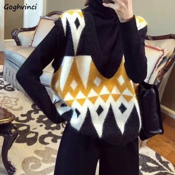 

Knitted Sweater Vest Women All-match V-neck Sleeveless Argyle Korean Simple Fashion Female Ulzzang Vintage Loose Leisure Soft