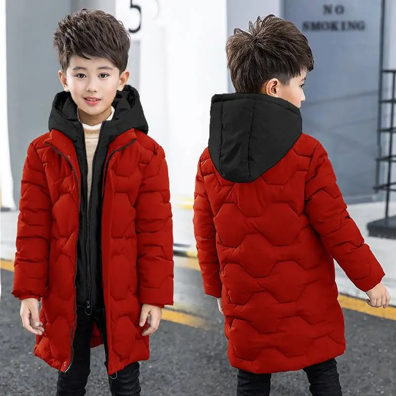 Модные зимние детские куртки с капюшоном для мальчиков; пальто для мальчиков-подростков; плотные теплые парки; детская длинная хлопковая пуховая верхняя одежда