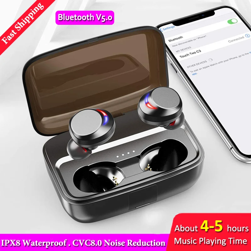 

TWC IPX8 Waterproof Bluetooth 5.0 Earphone Touch Control Wireless Earbuds Stereo CVC8.0 Noise Cancelling Headphone 5h Music Time