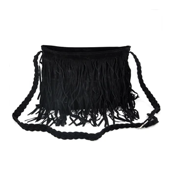 

Boho Hippie Fringed Tassel Suede Shoulder Messenger X Body Hand bags Purses - Black