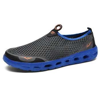 

Men Flat Casual Shoes Blue Gray Slip on Man Walking Sneakers Lightweight Mesh Breathable Male Fashion Soft Shoes Big Size