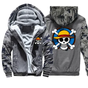 

one piece men print trend hooded hoodie 2019 autumn winter camouflage plus velvet thick jacket long-sleeved hip hop sweatshirt