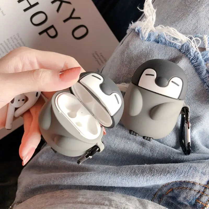Милый Пингвин Стиль Защитный чехол силиконовый чехол с карабином для Airpods 1/2