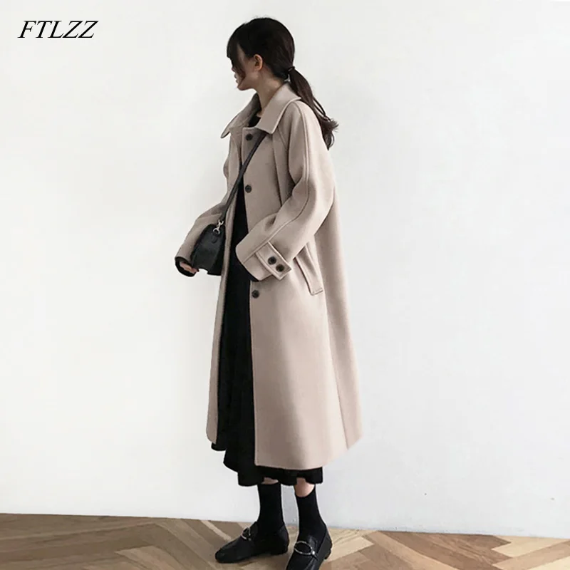 

FTLZZ New Autumn Winter Cashmere Trench Jacket Women Casual Wool Blend Coat Thickness Warm Button Pocket Woolen Jackets