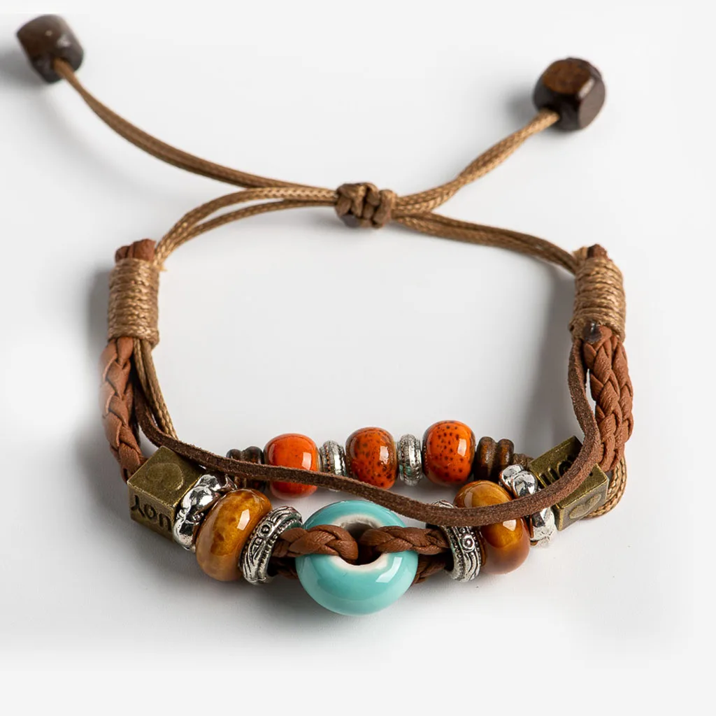 Rope bracelet Handwoven bracelet Ceramic bracelet Boondoggle Hand Woven Rope Leather Ceramic Bracelet Colored Glaze Ceramic Unisex Fashion Jewelry Bracelets #FZ231