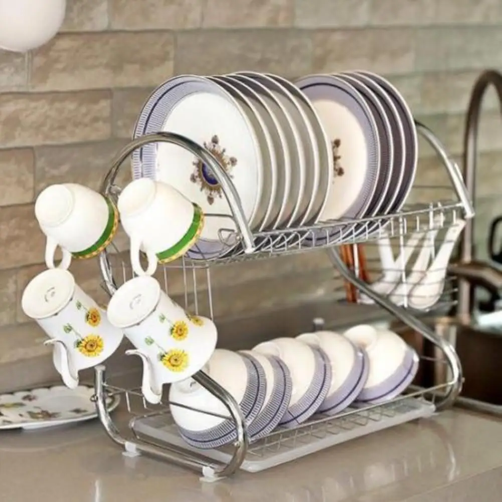 Большой Ёмкость Нержавеющая сталь 2-сушилка для посуды со слоем сушилка для Кухня столовые приборы стеллаж для хранения