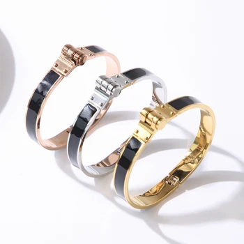 

Charm Gold Stainless Steel Spring Clasp Bangle Bracelets Black Border Rose Gold Silver Color For Women Men Wedding Jewelry Gift