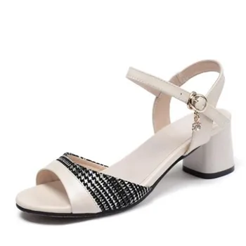 

2020 New Summer Fashion Mixed Color Genuine Leather Sandals Elegant Temperament Women Sandals Non-slip Comfort High Heel Sandals