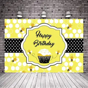 

Happy Birthday Decor Backdrop Cartoon Bee Yellow Photography Background Birthday Party Decoration Photo Booth Props