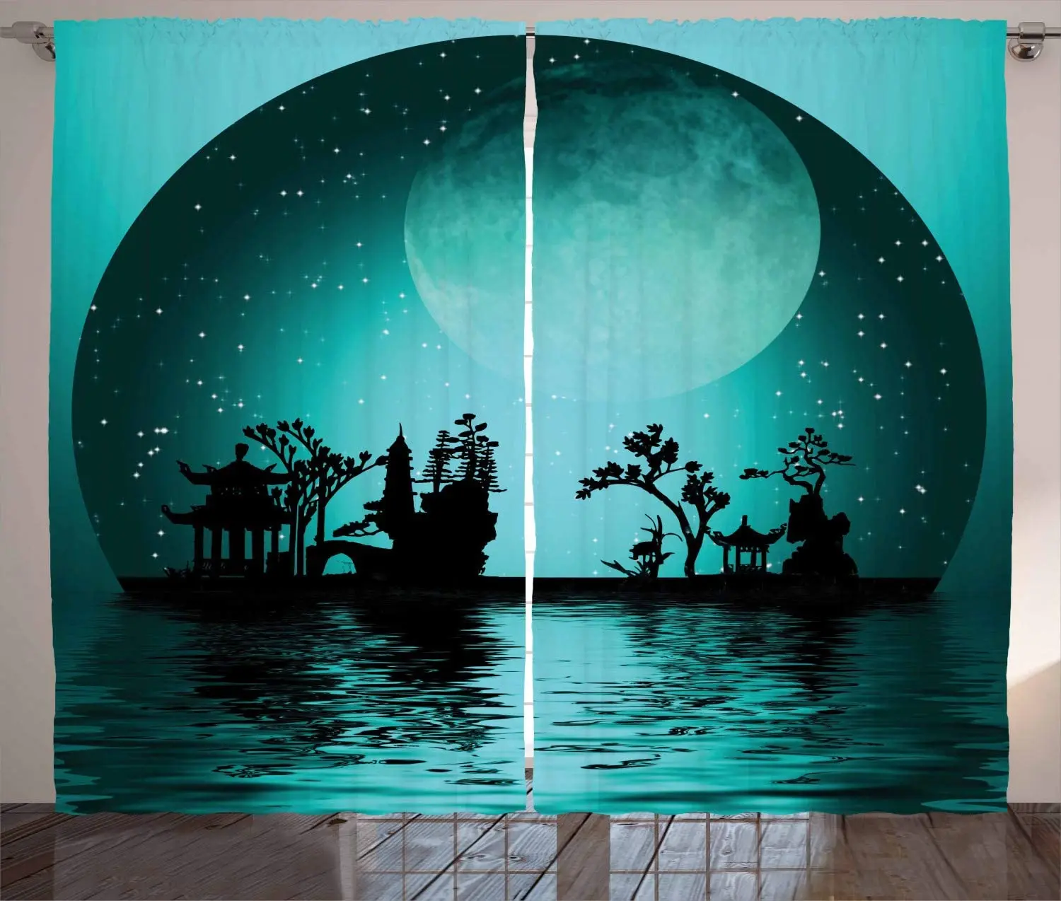Asian Curtains Landscape with Moon and Stars in The Night Sky Holiday Print Living Room Bedroom Window Drapes Black Aqua | Дом и сад