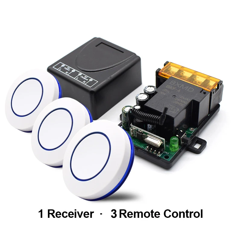 

433Mhz Wireless RF Remote Control Switch AC 220V 1CH 30A Relay Receiver and 3pcs 1 button round remote control switch EV1527